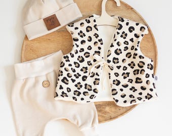 Baby toddler vest made of organic sweat Leo print – lined with organic cotton fleece | handmade and sustainable | sizes 56–98 | optional tie band
