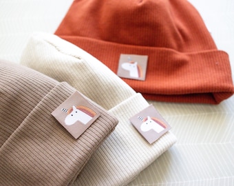Hipster beanie made from organic ribbed jersey | Unisex hat for babies, children & adults | with unicorn, dinosaur, lion or Play all day label