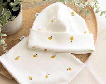 Organic beanie with lemon pattern made of ribbed jersey | handmade sustainably | for baby, child, adults | matching set, gift set with loop scarf