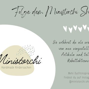 May include: A promotional graphic with the text "Folge dem Ministerchi Shop" in black script. The image includes the logo "Ministorchi Handmade Kindersachen" and information about new products and Instagram.