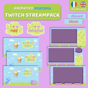 Peut inclure: Un pack Twitch Stream avec un thème de dessin animé. Le pack comprend des superpositions animées, des écrans et des boutons de médias sociaux. Les écrans ont des cadres violets et incluent du texte tel que "starting soon", "be right back" et "stream ending".