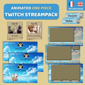 Peut inclure: Pack Twitch StreamPack animé One Piece avec des arrière-plans de nuages bleus et blancs. Comprend des panneaux pour raid, donation, starting soon, be right back et stream ending. Avec icônes Discord et TikTok, et texte "FR & EN included."