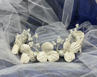 Floral wedding, hair piece, bride gift, white ceramic flower headpiece with white pearls and silver tiara, Bridle headpiece.