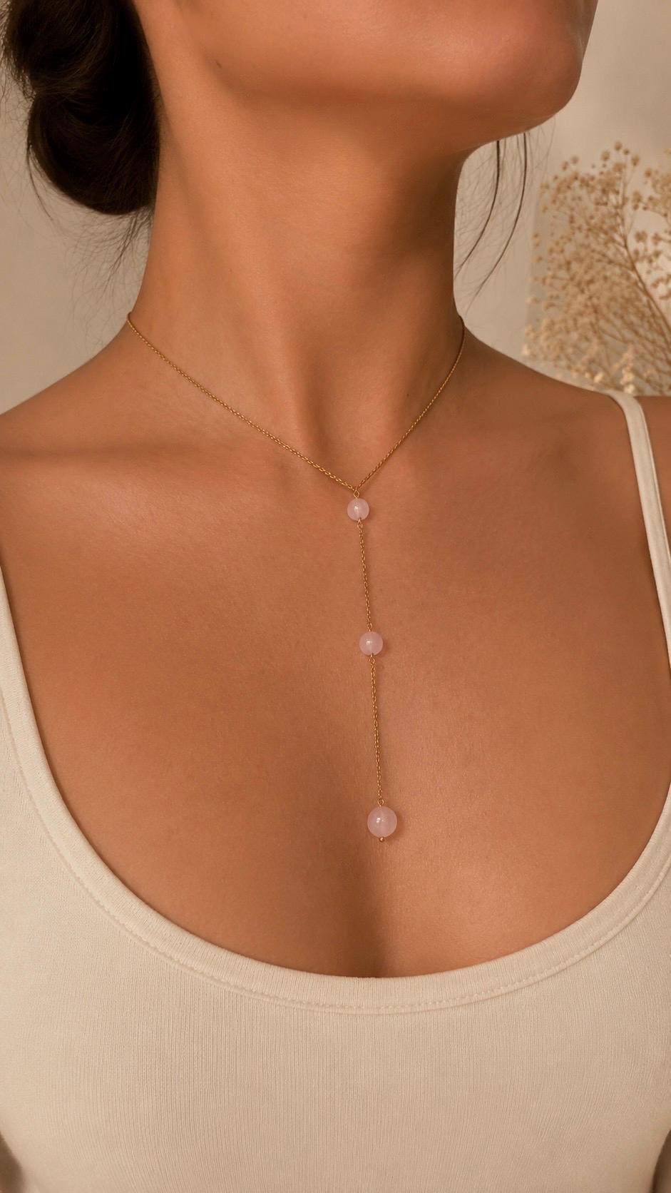 Rose Quartz Lariat Necklace, Gold Plated Stainless Steel, Minimalist Gemstone Drop