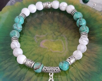 Bracelet Sur Mesure En Bois Et Howlite Turquoise/blanc - Réalisé à La Taille Souhaitée, Neuf