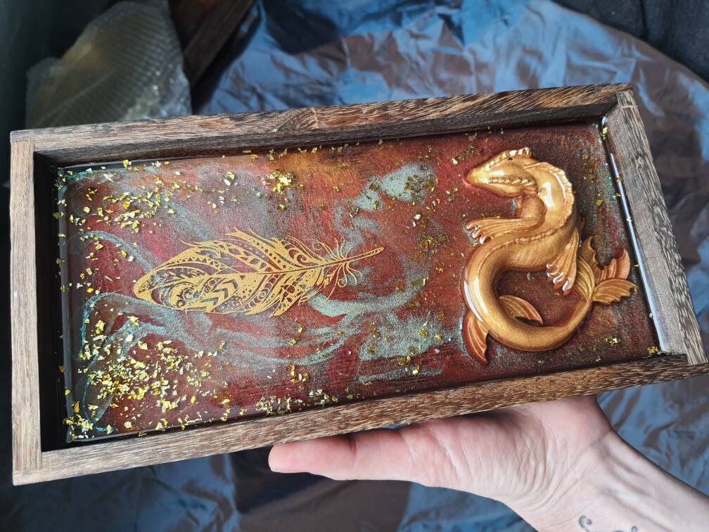 Superbe Dessous de Verre en Résine Epoxy et Bois, Dragon 3D
