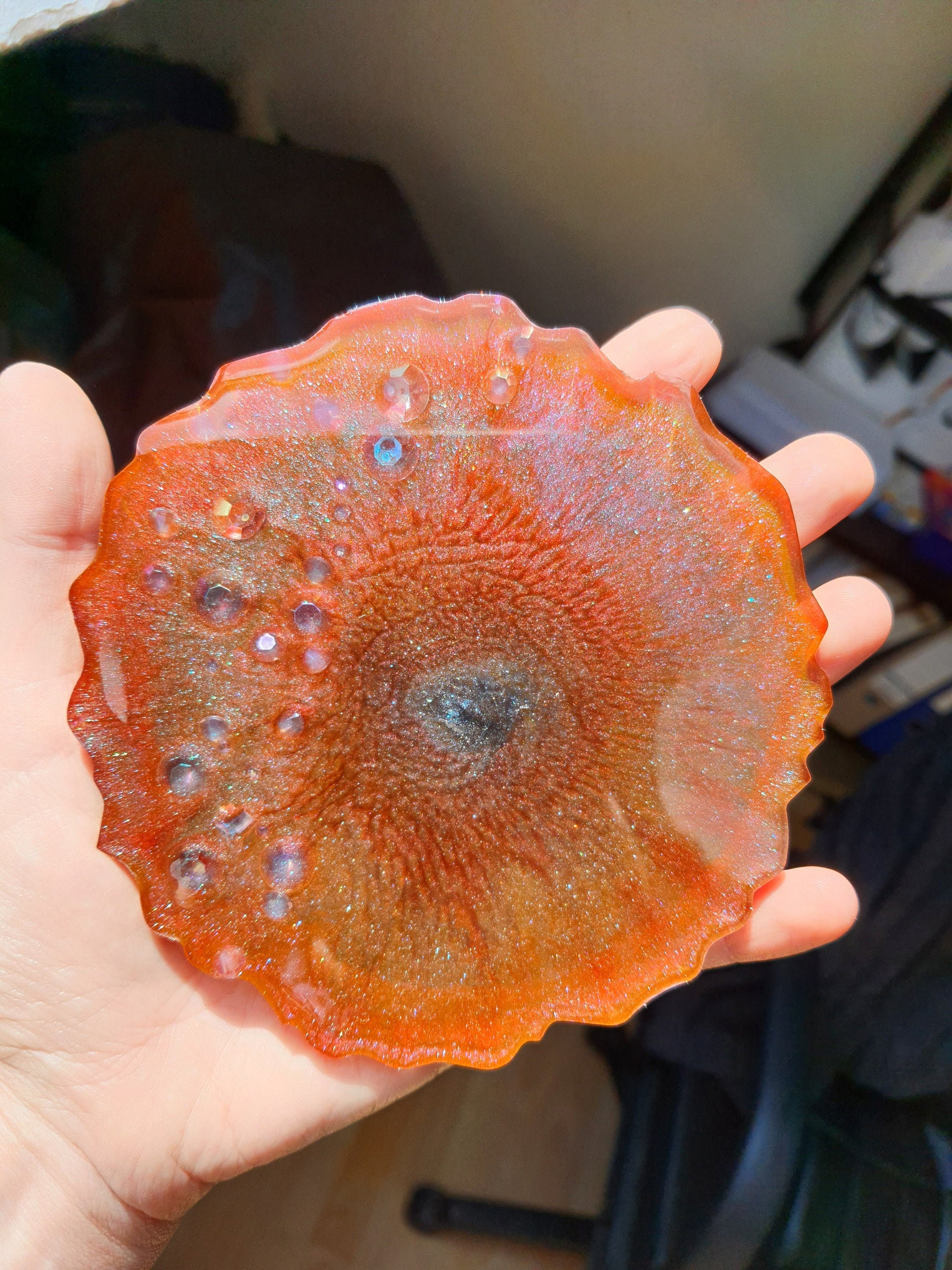 Superbe Dessous de Verre en Résine Epoxy, Rouge Orangé Pailleté