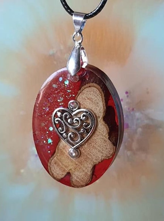 Collier Pendentif Bois D'olivier Et Résine époxy - Forme Losange - Longueur 50 Cm