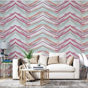 Papier peint géométrique ondulé : décoration murale magenta, rose et vert