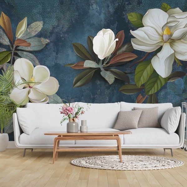 Flower Wallpaper Magnolia Wall Art Giant Floral Wall Mural Whiter Background Peel and Stick