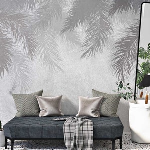 Carta da parati con foglie di palma, murale tropicale, arte murale con foglie, sfondo grigio, stacca e attacca