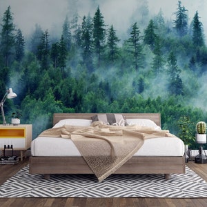 Pine Tree Wallpaper Foggy Forest Landscape Wall Decor Aesthetic Peel and Stick Wall Mural