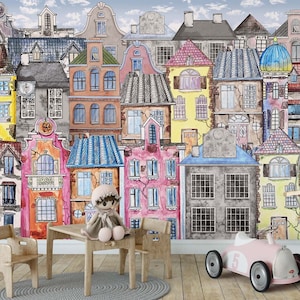 Carta da parati Cute House Stacca e incolla Carta da parati per la cameretta dei bambini Arte da parete per bambini