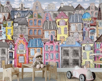 Cute House Wallpaper Peel and Stick Nursery Wall Mural Children Wall Art