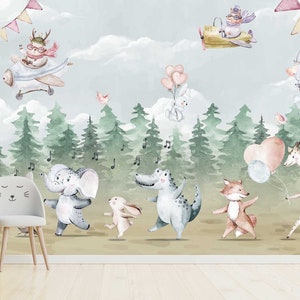 Cute Animals Wallpaper Tree Wall Mural Watercolor Wall Art Nursery Peel and Stick