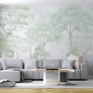Misty Forest Wallpaper Foggy Wall Mural Watercolor Peel and Stick Trees ...