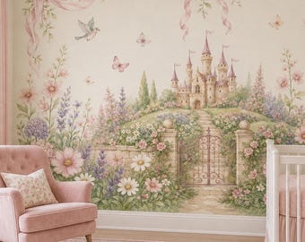 Flower Wallpaper Castle Garden Scene For Nursery Bedroom Walls