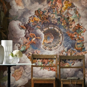 Renaissance Ceiling Mural Wallpaper: Mythological Figures, Cloudscape