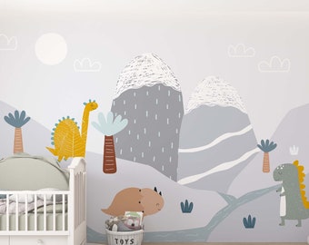 Mural infantil de montaña con dinosaurios: autoadhesivo.