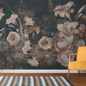 Flowers Wallpaper Peony Wall Mural Black Background Peel and Stick Floral Wall Art