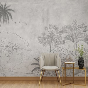 Tropical Jungle Wallpaper Monochrome Wall Art Rainforest Wall Mural Gray Peel and Stick