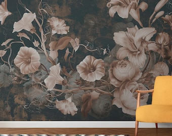 Flowers Wallpaper Peony Wall Mural Black Background Peel and Stick Floral Wall Art