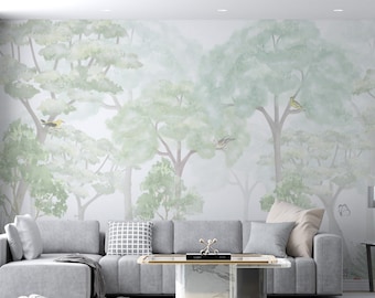 Misty Forest Wallpaper Foggy Wall Mural Watercolor Peel and Stick Trees Wall Art
