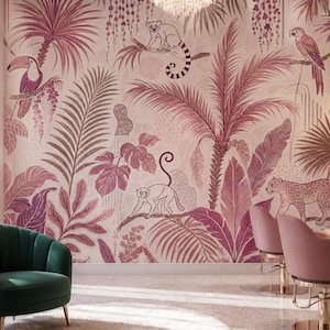 May include: A wall mural featuring a tropical jungle scene in shades of magenta and pink, depicting palm trees, exotic birds, monkeys, and a leopard. The design is set against a light background, creating a bold, patterned focal point for a room.