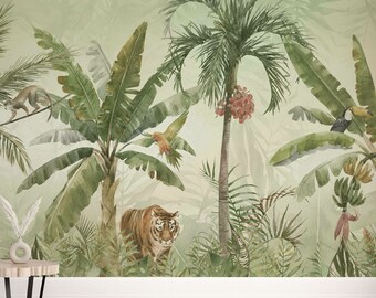 Papel pintado de la selva, mural de pared de palmeras, arte de pared de tigre, tropical autoadhesivo.