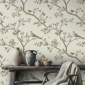 Carta da parati classica con uccelli e fiori. Murale con fiori di cineserie staccabili e incollati per soggiorno, camera da letto