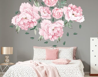 Sticker mural pivoine rose : décoration florale romantique en vinyle à peler et coller