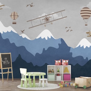 Carta da parati con montagna innevata, aeroplano, murale, acquerello, decorazione da parete, per bambini, stacca e attacca