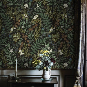 Carta da parati con piante vintage, decorazione murale con motivo botanico a buccia e bastone verde