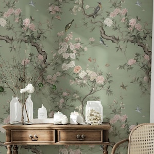 Elegant Chinoiserie Peony Blossom Wallpaper Vintage Pattern with Exquisite Chinese Birds Wall Mural