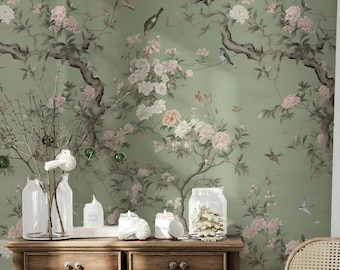 Elegant Chinoiserie Peony Blossom Wallpaper Vintage Pattern with Exquisite Chinese Birds Wall Mural