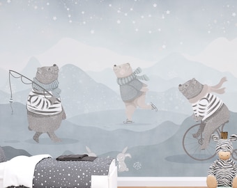 Papel pintado infantil con osos polares, mural de pared autoadhesivo con diseño de oso.