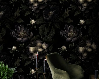Dark Floral Noir Wallpaper with Moody Peony Blooms Elegant Botanical Design for Sophisticated Wall Mural