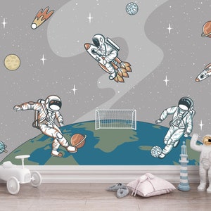 Carta da parati con pianeta, decorazione da parete con pallone da calcio, astronauta, spazio, stacca e attacca, decorazione da parete per la stanza dei bambini