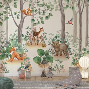 Carta da parati foresta Arte murale bosco Volpe carina Carta da parati cervo Stacca e attacca
