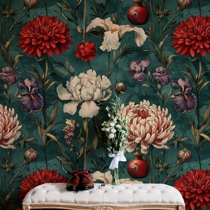 Vintage botanische Tapete | Rot-Weiße Blumenwandbild | Elegantes Garten Design