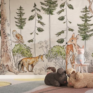 Forest Wallpaper Animal Wall Mural Owl Wall Art Fox Peel and Stick Kids Room Wall Decor