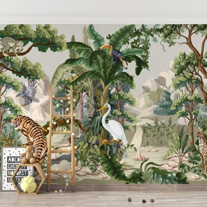 Carta da parati giungla Animali selvatici Arte murale Tigre Murale Leone Stacca e attacca