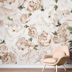 Floral  Wallpaper Cream Wall Mural Peony Peel and Stick