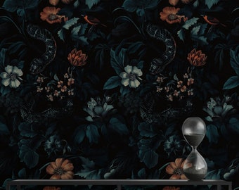 May include: A dark green and black wallpaper with a repeating pattern of flowers, snakes, and birds. The flowers are red, orange, and white. The snakes are black and the birds are red.
