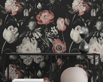 Papel pintado de peonías vintage: mural floral oscuro para pared, elegante decoración botánica.