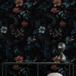 Moody Floral Snake Wallpaper: Dark Exotic Jungle Peel and Stick Mural