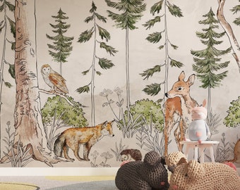 Forest Animal Wallpaper Mural: Peel and Stick Kids Room Decor