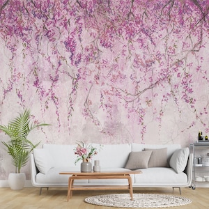 Carta da parati con fiori di sakura, murale floreale magenta, acquerello, stacca e attacca, arte murale rosa
