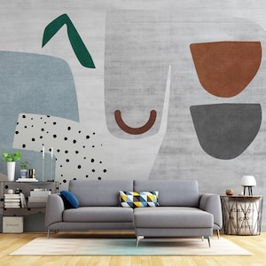 Carta da parati geometrica con accenti murali, arte murale grigia, stacca e attacca astratta