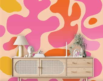Pink and Orange Abstract Wallpaper: Organic Shapes Peel and Stick Wall Mural